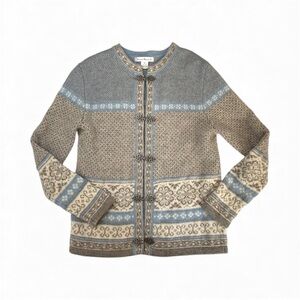 Susan Bristol Light Blue and Cream 100% Wool Nordic Cardigan Pewter Clasps Small